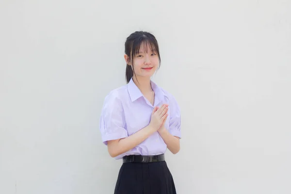 Ασία Thai Γυμνάσιο Στολή Μαθητή Όμορφο Κορίτσι Thai Δώστε Σεβασμό — Φωτογραφία Αρχείου
