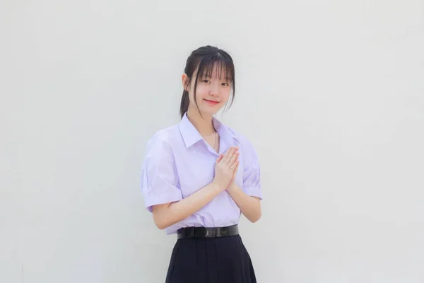 Ázsiai Thai Középiskola Diák Egyenruha Gyönyörű Lány Thai Pay Respect — Stock Fotó