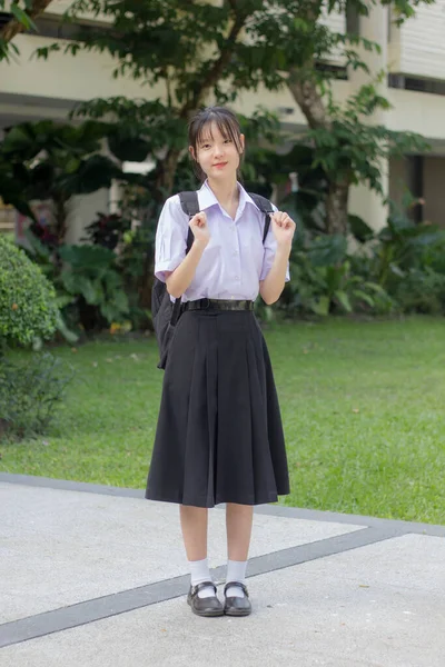 Ásia Tailandês Estudante Ensino Médio Uniforme Bela Menina Sorriso Relaxar — Fotografia de Stock