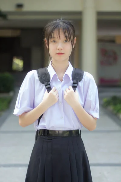 Asia Thai Gymnasiet Student Uniform Vacker Flicka Leende Och Koppla — Stockfoto