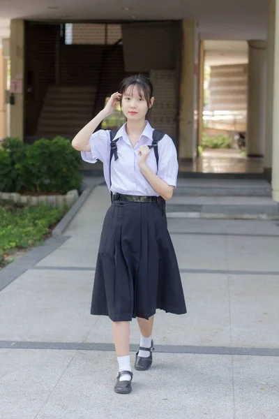 Ásia Tailandês Estudante Ensino Médio Uniforme Bela Menina Sorriso Relaxar — Fotografia de Stock