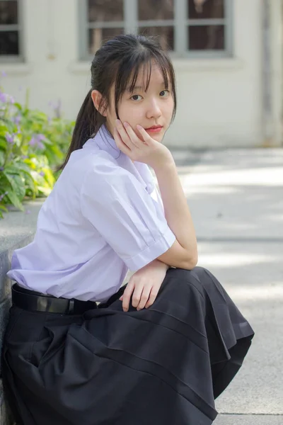 Ázsiai Thai Középiskolás Diák Egyenruha Gyönyörű Lány Mosoly Pihenés — Stock Fotó