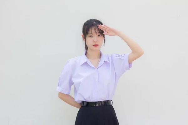 Asia Thai High School Student Uniform Beautiful Girl Salute — Stock Photo, Image