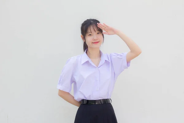 Asiatisch Thai High School Student Uniform Hübsch Mädchen Salute — Stockfoto