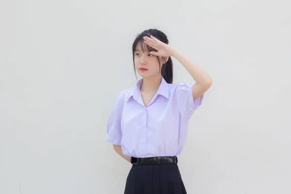 Azië Thai Middelbare School Student Uniform Mooi Meisje Groeten — Stockfoto