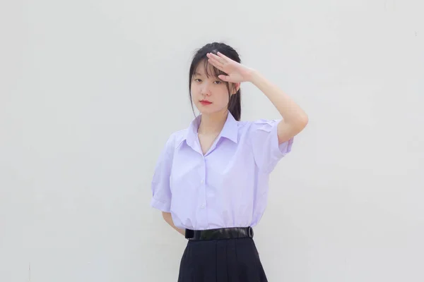 Asiatisch Thai High School Student Uniform Hübsch Mädchen Salute — Stockfoto