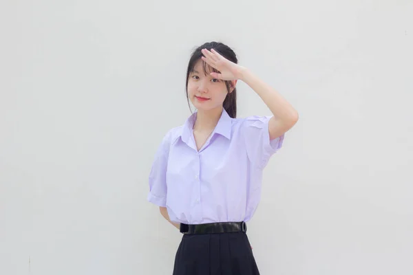 Asia Tailandesa Escuela Secundaria Estudiante Uniforme Hermosa Chica Saludo — Foto de Stock