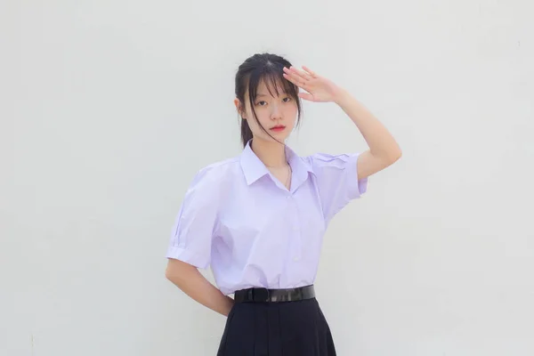Ασία Thai Γυμνάσιο Φοιτητής Στολή Όμορφο Κορίτσι Χαιρετισμό — Φωτογραφία Αρχείου