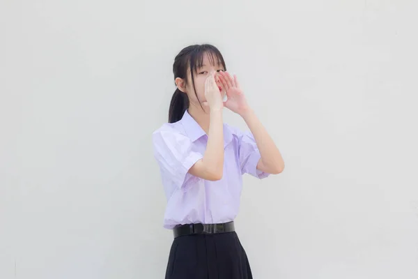 Asia Thai High School Student Uniform Beautiful Girl Shout — Stock Photo, Image