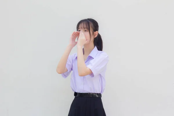 Asia Thai High School Student Uniform Beautiful Girl Shout —  Fotos de Stock