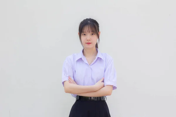 Ásia Tailandês Estudante Ensino Médio Uniforme Bela Menina Sorriso Relaxar — Fotografia de Stock