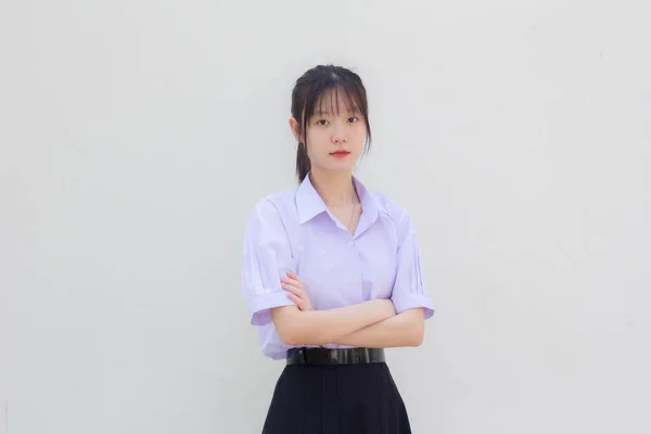 Ásia Tailandês Estudante Ensino Médio Uniforme Bela Menina Sorriso Relaxar — Fotografia de Stock