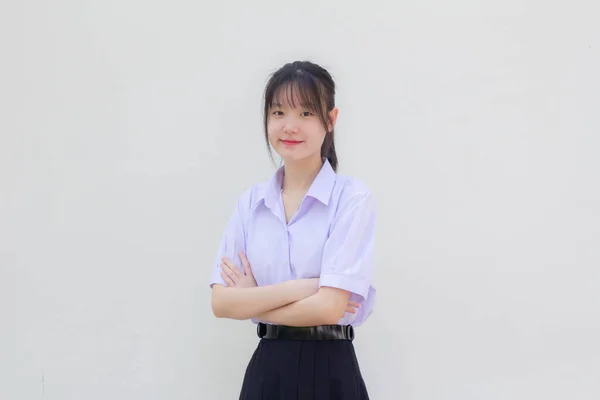 Ásia Tailandês Estudante Ensino Médio Uniforme Bela Menina Sorriso Relaxar — Fotografia de Stock