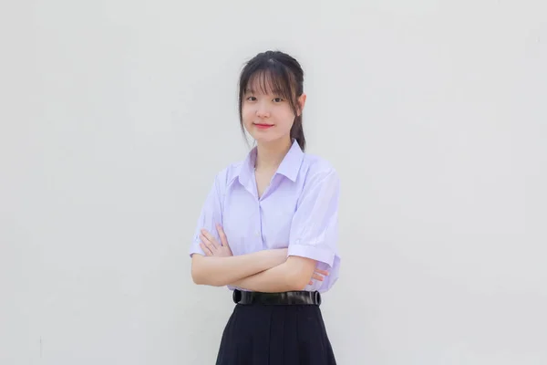 Asia Thajská Střední Škola Student Uniforma Krásná Dívka Úsměv Relaxovat — Stock fotografie