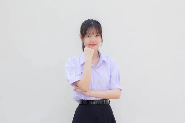 Azië Thai Middelbare School Student Uniform Mooi Meisje Glimlach Ontspannen — Stockfoto