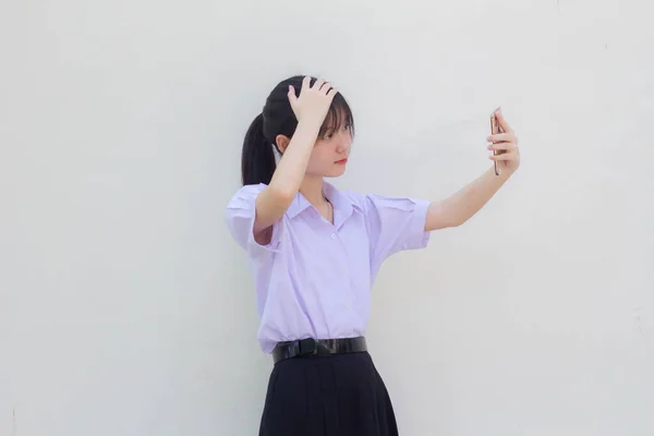 Ásia Tailandês Estudante Ensino Médio Uniforme Bela Menina Usando Seu — Fotografia de Stock