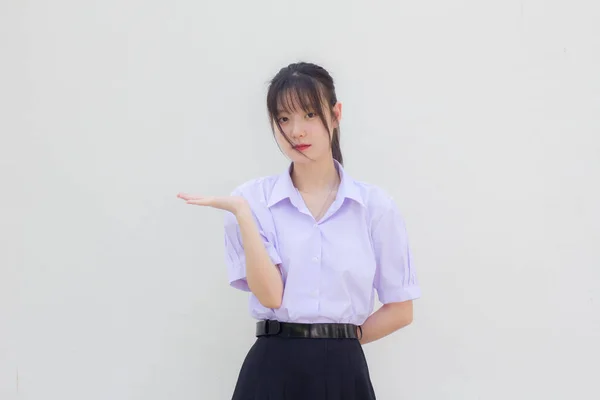 Asya Thai Lisesi Öğrenci Üniforması Güzel Kız Elini Göster — Stok fotoğraf