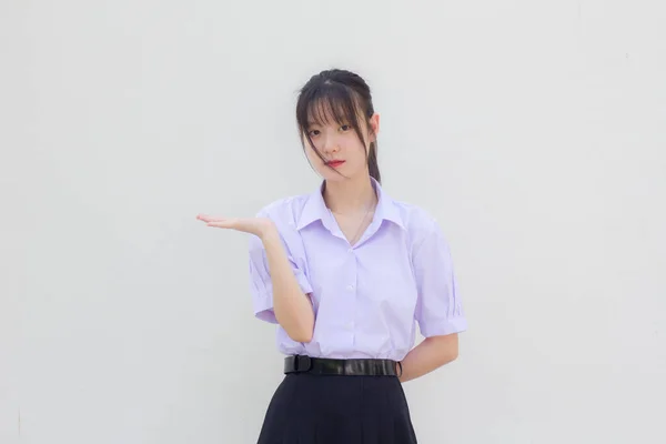 Asiatisch Thai Hochschule Student Uniform Hübsch Mädchen Zeigen Hand — Stockfoto