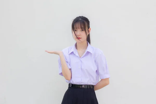 Ásia Tailandês Estudante Ensino Médio Uniforme Bela Menina Mostrar Mão — Fotografia de Stock