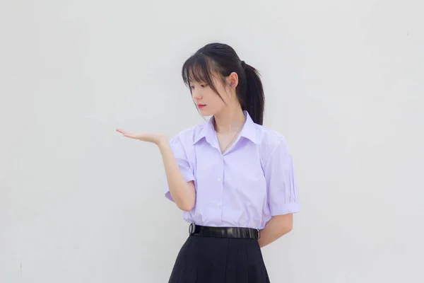 Ázsiai Thai Középiskolás Diák Egyenruha Gyönyörű Lány Show Hand — Stock Fotó