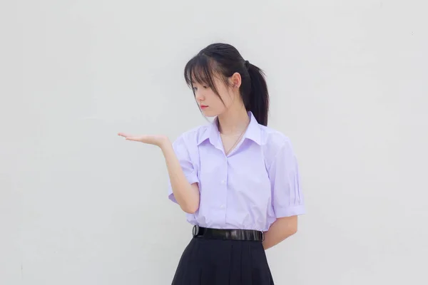 Asiático Tailandés Escuela Secundaria Estudiante Uniforme Hermosa Chica Espectáculo Mano —  Fotos de Stock