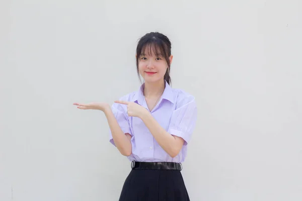 Asiatisch Thai Hochschule Student Uniform Hübsch Mädchen Zeigen Hand — Stockfoto