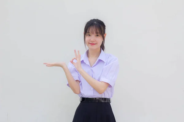 Asia Thai High School Student Uniform Beautiful Girl Show Hand — Stock Photo, Image