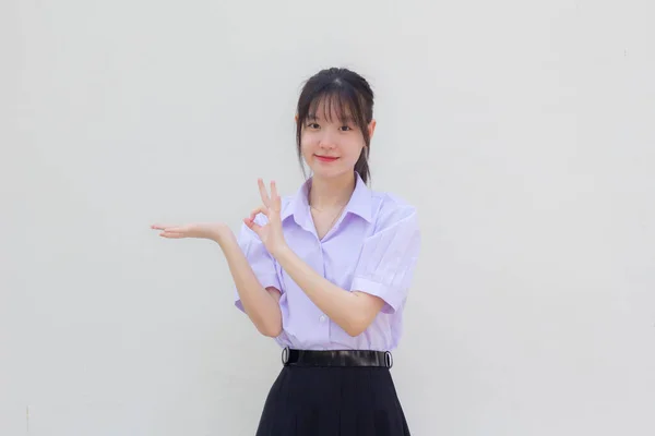 Asia Thai Gymnasiet Student Uniform Vacker Flicka Visa Handen — Stockfoto