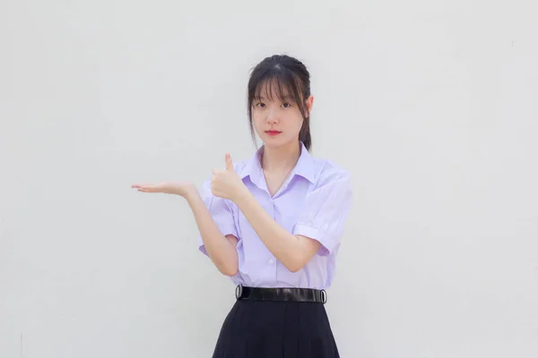 Asia Thajská Střední Škola Student Uniforma Krásná Dívka Show Ruka — Stock fotografie