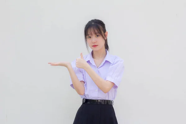 Azië Thai Middelbare School Student Uniform Mooi Meisje Show Hand — Stockfoto