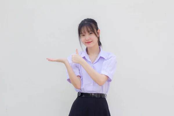 Azië Thai Middelbare School Student Uniform Mooi Meisje Show Hand — Stockfoto