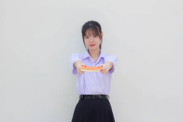 Ázsiai Thai Középiskolai Diák Egyenruha Gyönyörű Lány Egy Könyvet — Stock Fotó