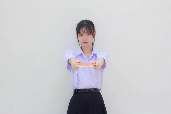 Asiatisch Thai High School Student Uniform Hübsch Mädchen Geben Ein — Stockfoto