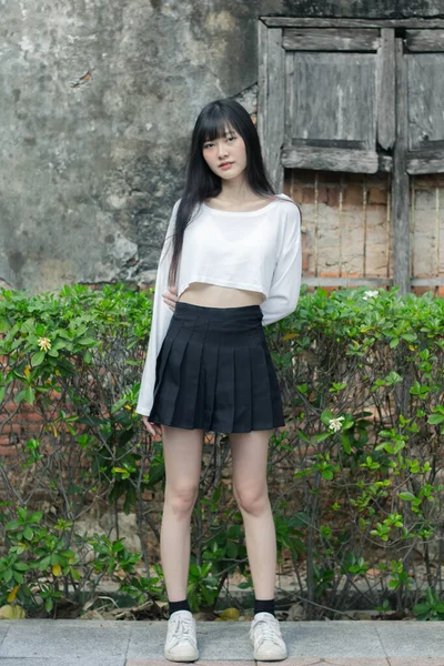 Portrait Thai Adult Beautiful Girl White Shirt Black Skirt Relax — 스톡 사진