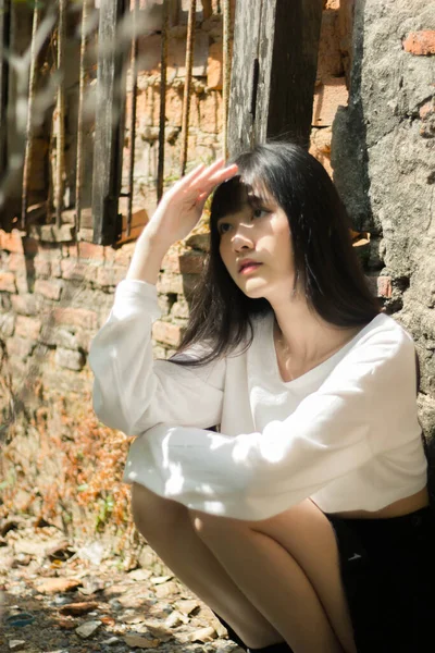 Portrait Thai Adult Beautiful Girl White Shirt Black Skirt Relax — Stock Photo, Image