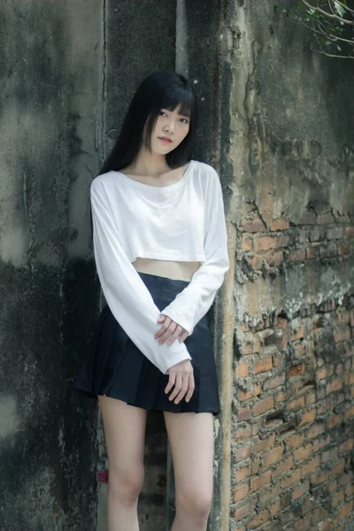 Portrait Thai Adult Beautiful Girl White Shirt Black Skirt Relax — 스톡 사진