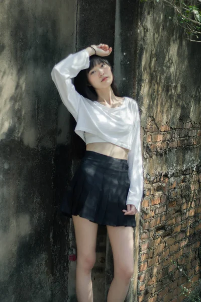 Portrait Thai Adult Beautiful Girl White Shirt Black Skirt Relax — Stock Photo, Image