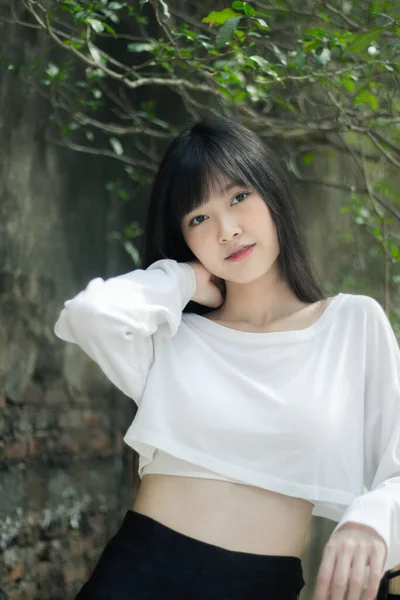 Portrait Thai Adult Beautiful Girl White Shirt Black Skirt Relax — Stock Photo, Image