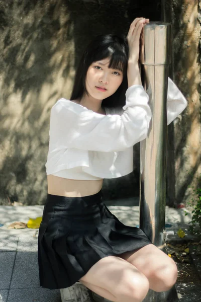 Portrait Thai Adult Beautiful Girl White Shirt Black Skirt Relax — Stock Photo, Image