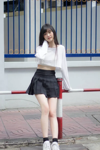 Portrait Thai Adult Beautiful Girl White Shirt Black Skirt Relax — ストック写真