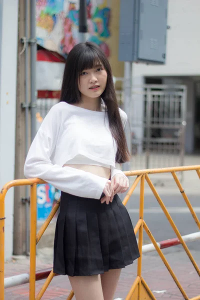 Portrait Thai Adult Beautiful Girl White Shirt Black Skirt Relax — 스톡 사진