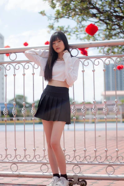 Portrait Thai Adult Beautiful Girl White Shirt Black Skirt Relax — Stockfoto