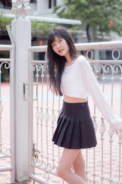 Portrait Thai Adult Beautiful Girl White Shirt Black Skirt Relax — ストック写真