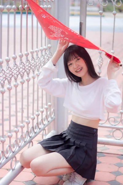 Portrait Thai Adult Beautiful Girl White Shirt Black Skirt Relax — Stockfoto