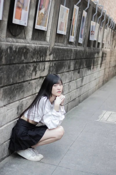 Portrait Thai Adult Beautiful Girl White Shirt Black Skirt Relax — Stock Photo, Image