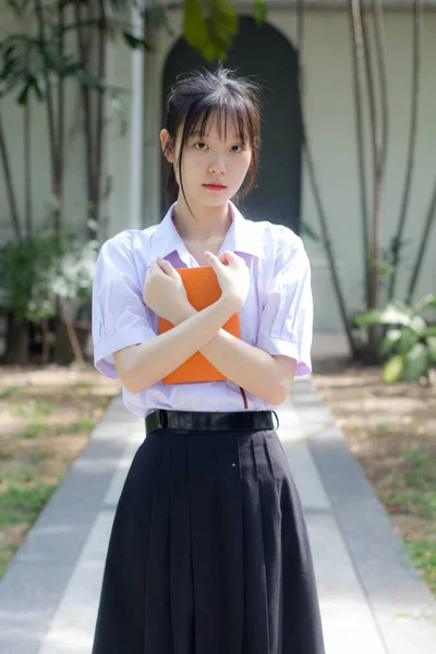 Asia Thai High School Student Uniform Beautiful Girl Smile Relax — Stock Photo, Image