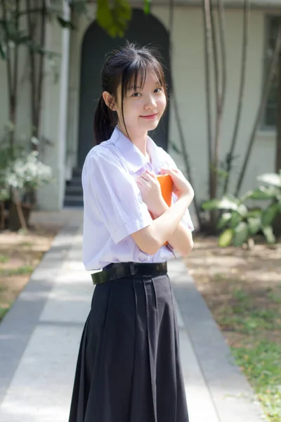 Ázsiai Thai Középiskolás Diák Egyenruha Gyönyörű Lány Mosoly Pihenés — Stock Fotó