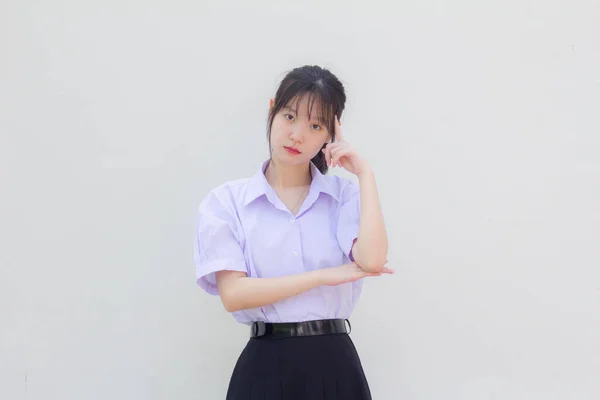 Asia Thai High School Student Uniform Beautiful Girl Think — Zdjęcie stockowe
