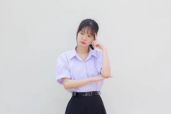 Asia Thai High School Student Uniform Beautiful Girl Think — Stock Fotó