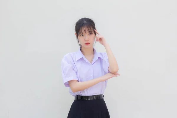 Asia Thai High School Student Uniform Beautiful Girl Think — Zdjęcie stockowe